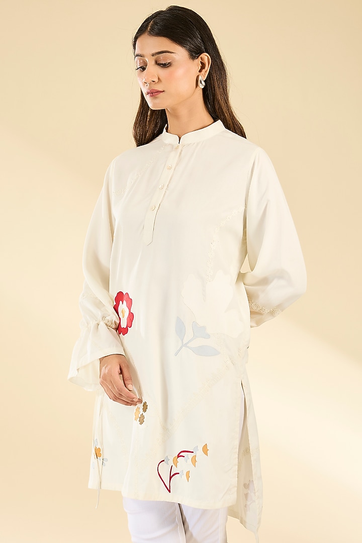 Ivory Soft Rayon Applique Tunic by Sahil Kochhar at Pernia's Pop Up Shop