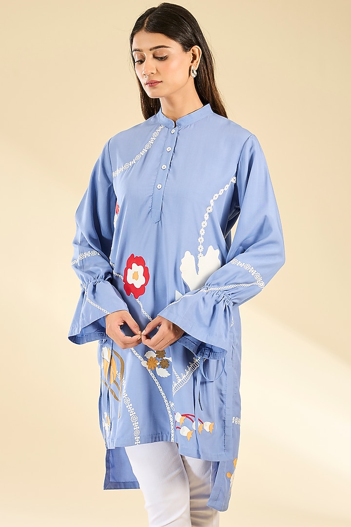 Blue Soft Rayon Applique Tunic by Sahil Kochhar at Pernia's Pop Up Shop