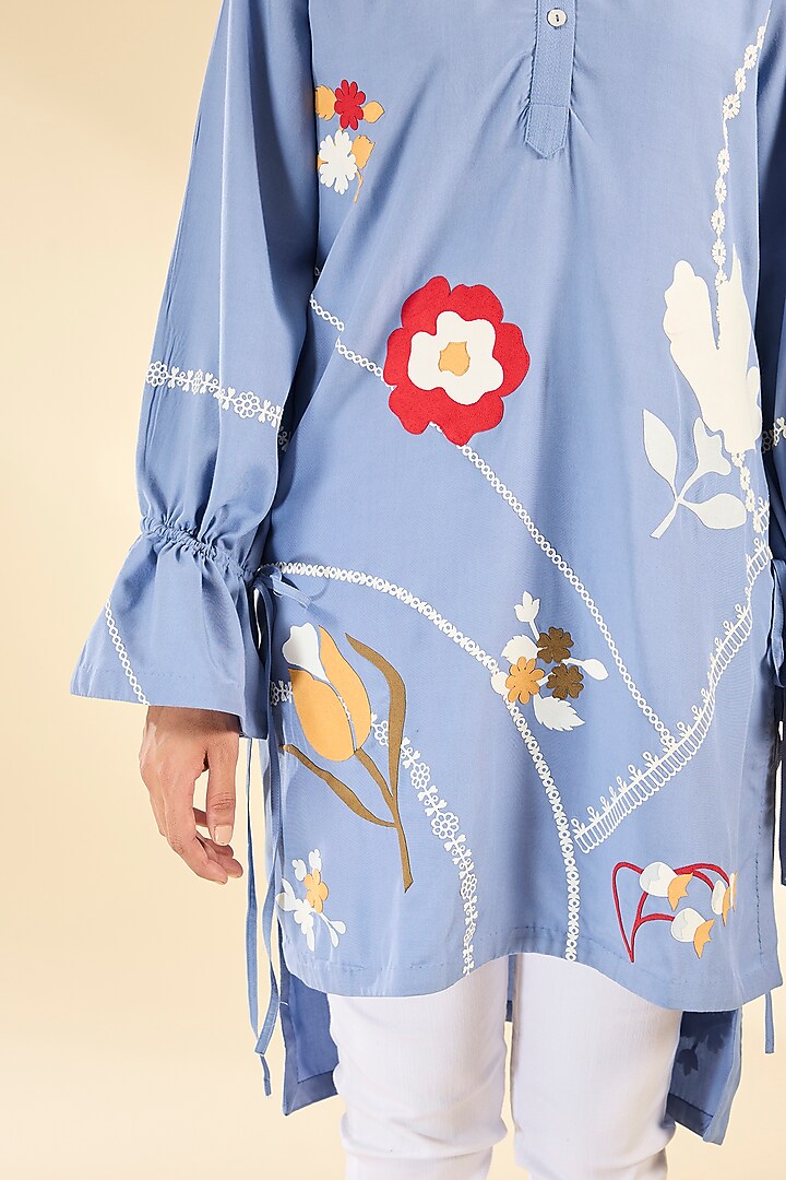 Blue Soft Rayon Applique Tunic by Sahil Kochhar at Pernia's Pop Up Shop