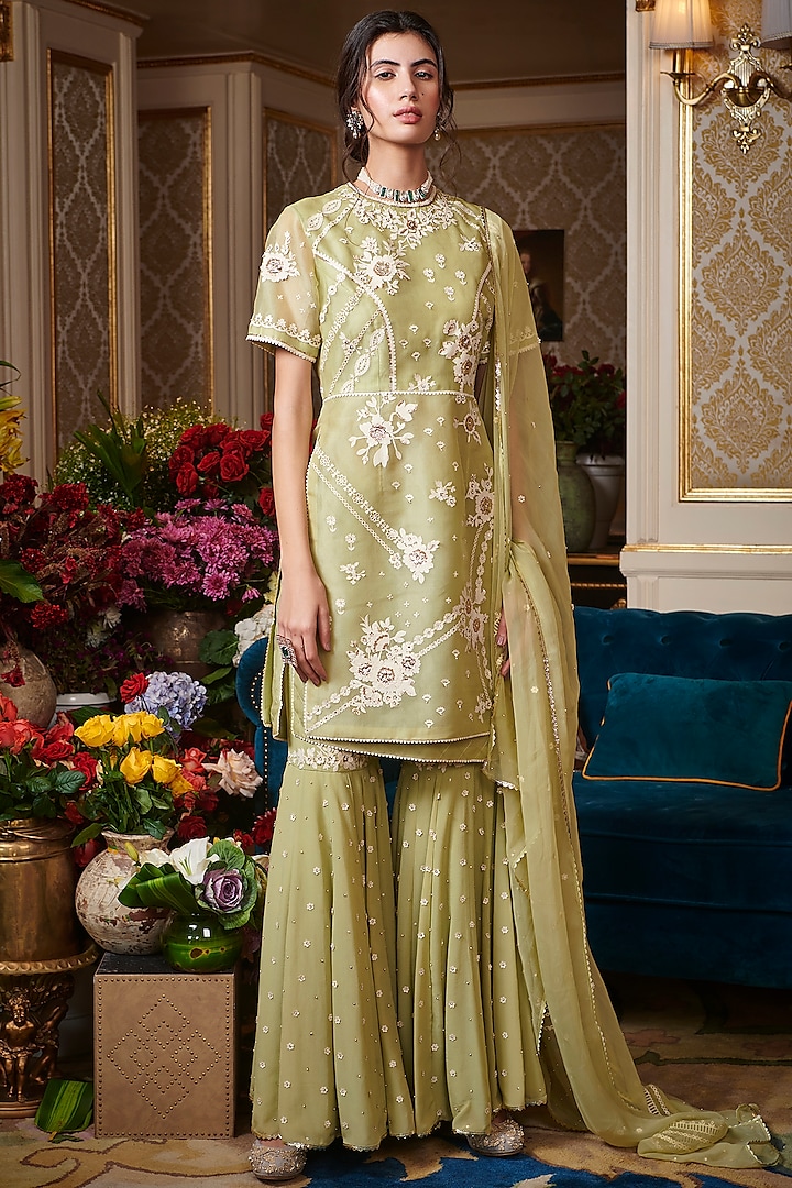 Tea Green Hand Embroidered Gharara Set by Sahil Kochar