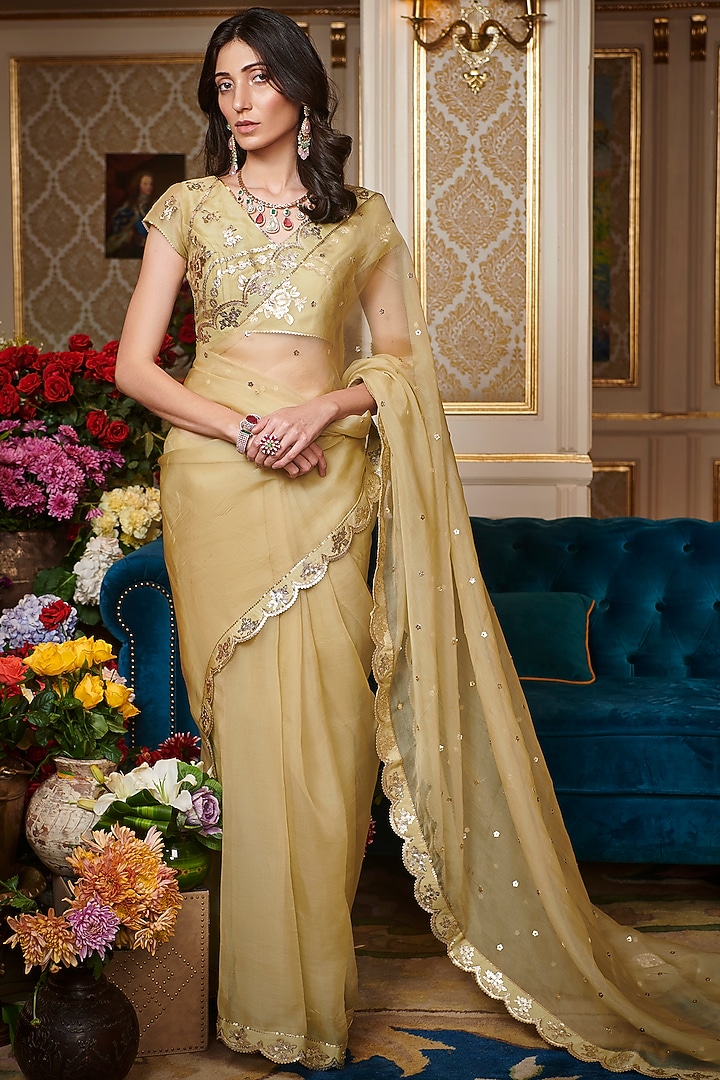 Tea Green Embroidered Reception Saree Set by Sahil Kochhar at Pernia's Pop Up Shop