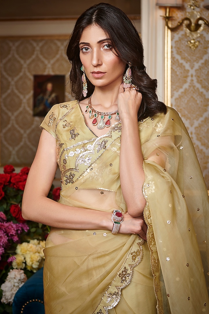 Tea Green Embroidered Reception Saree Set by Sahil Kochhar at Pernia's Pop Up Shop