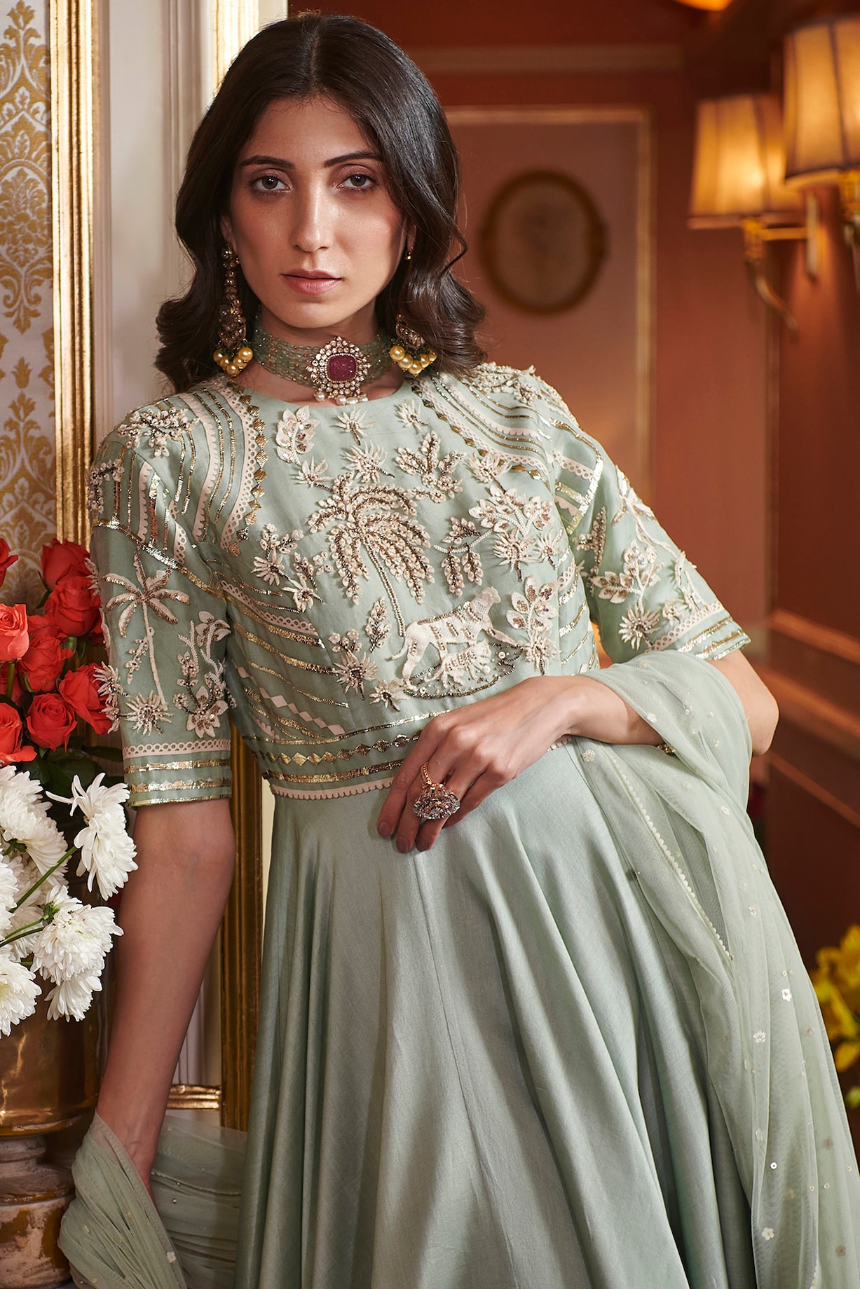 Earthy Aqua Green Embroidered Anarkali Set Design by Sahil Kochar at ...