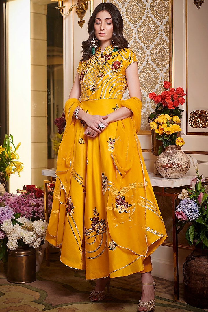 Yellow Asymmetrical Embroidered Anarkali Set by Sahil Kochar at Pernia's Pop Up Shop