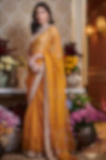 Yellow Organza Embroidered Reception Saree Set by Sahil Kochhar at Pernia's Pop Up Shop