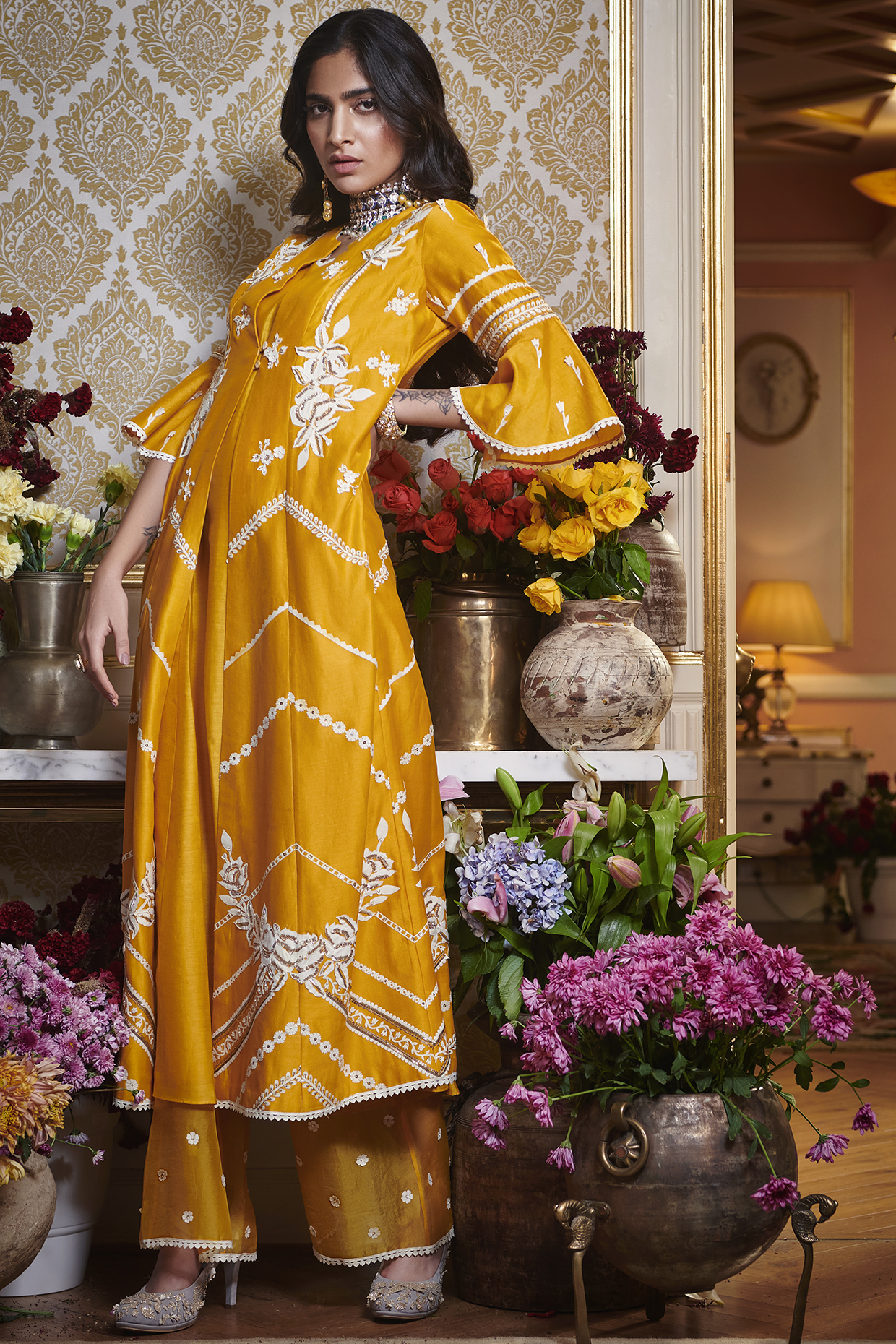 Yellow Layered A-Line Embroidered Kurta Set by Sahil Kochhar at Pernia's Pop Up Shop