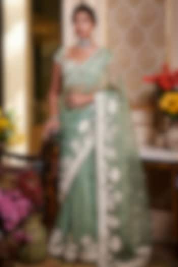 Aqua Green Embroidered Reception Saree Set by Sahil Kochhar at Pernia's Pop Up Shop