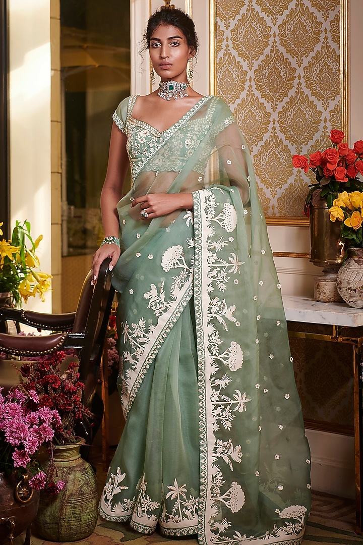 Aqua Green Embroidered Reception Saree Set by Sahil Kochhar at Pernia's Pop Up Shop