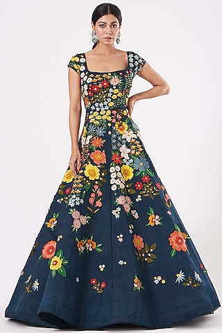 Teal Blue Embroidered Gown by Sahil Kochhar