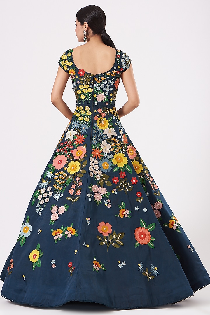 Teal Blue Embroidered Gown by Sahil Kochhar at Pernia's Pop Up Shop