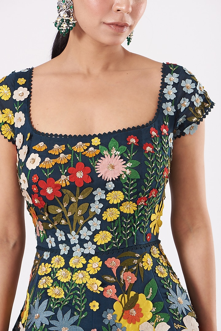 Teal Blue Embroidered Gown by Sahil Kochhar at Pernia's Pop Up Shop