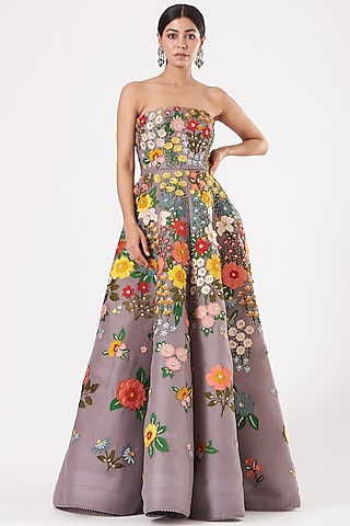 Burnt Lavender Embroidered Gown by Sahil Kochhar