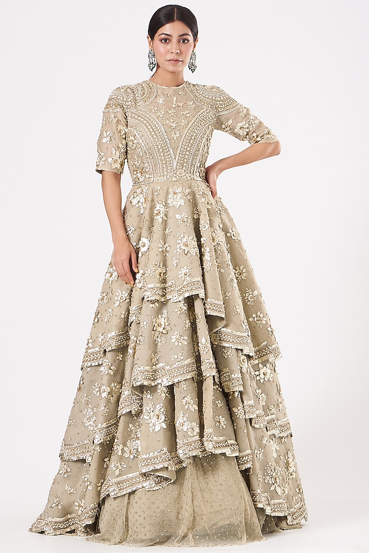 Pewter Embroidered Tiered Gown by Sahil Kochar