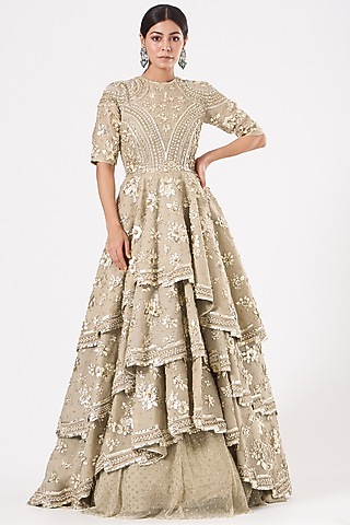 Pewter Embroidered Tiered Gown by Sahil Kochhar