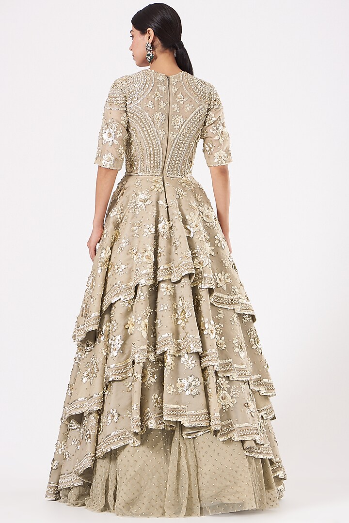Pewter Embroidered Tiered Bridal Gown by Sahil Kochhar at Pernia's Pop Up Shop