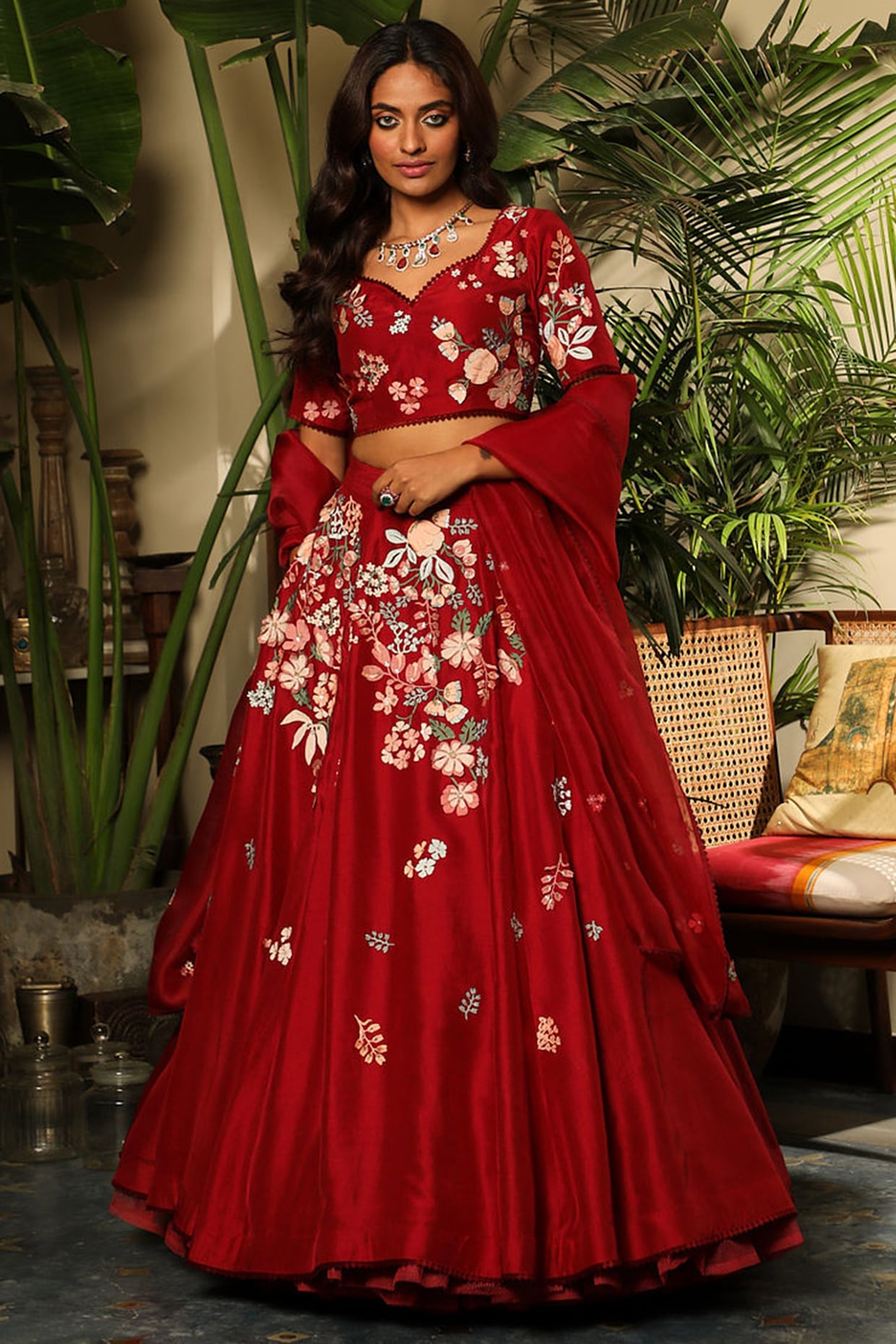 Deep Red Color Monotone Lehenga GULBARG – Panache Haute Couture