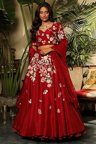 Red Chanderi & Viscose Linen Lehenga Set by Sahil Kochhar