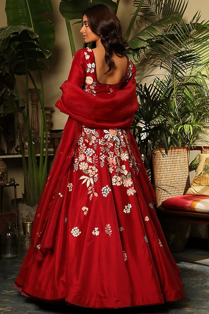 Red Chanderi & Viscose Linen Wedding Lehenga Set by Sahil Kochhar at Pernia's Pop Up Shop