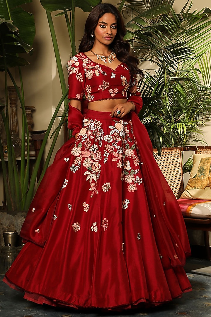 Red Chanderi & Viscose Linen Wedding Lehenga Set by Sahil Kochhar at Pernia's Pop Up Shop
