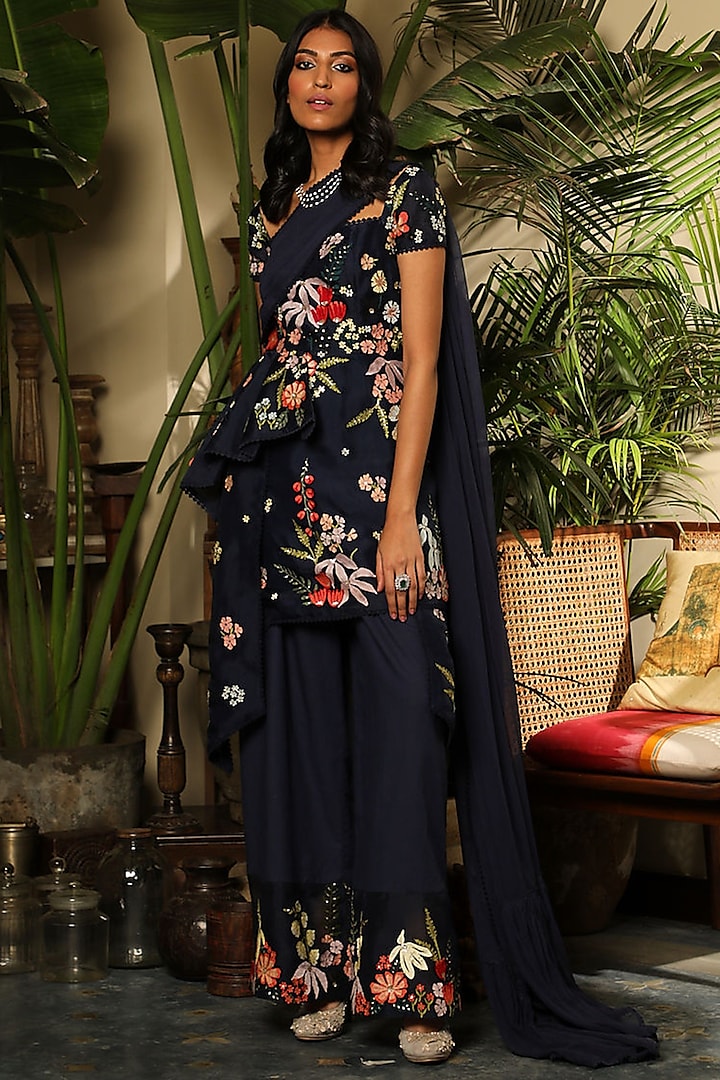 Navy Blue Chanderi Kurta Set by Sahil Kochhar at Pernia's Pop Up Shop