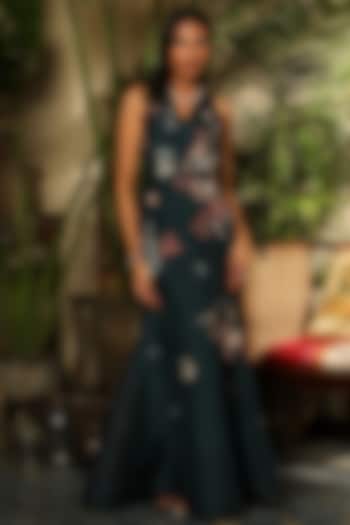 Teal Blue Chanderi & Net Gown by Sahil Kochar