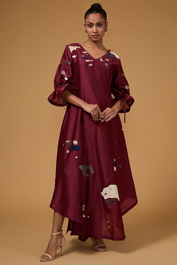 Maroon Chanderi Applique Hand Embroidered Tunic by Sahil Kochhar