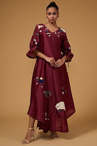 Maroon Chanderi Applique Hand Embroidered Tunic by Sahil Kochhar