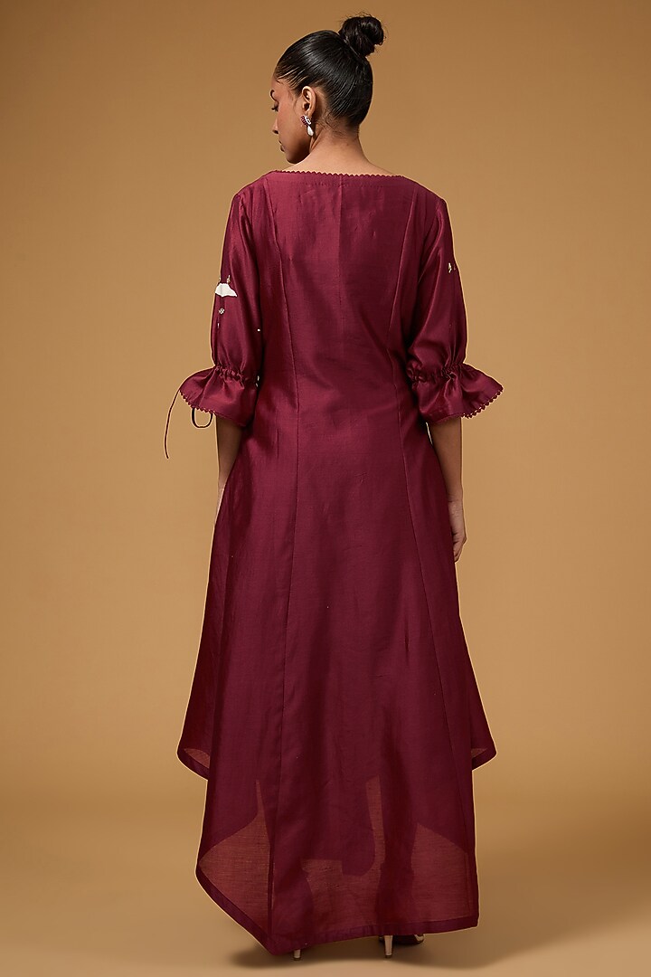 Maroon Chanderi Applique Hand Embroidered Tunic by Sahil Kochhar at Pernia's Pop Up Shop