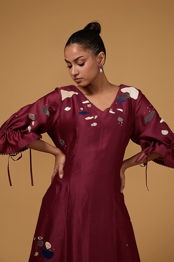 Maroon Chanderi Applique Hand Embroidered Tunic by Sahil Kochhar at Pernia's Pop Up Shop