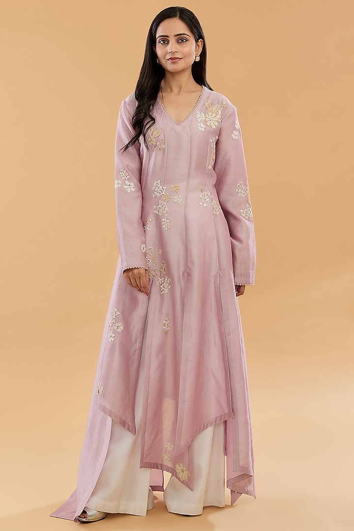 Burnt Lavender Organza Net 3D Floral Embroidered Kurta by Sahil Kochhar at Pernia's Pop Up Shop
