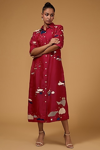 Red Organza Applique Hand Embroidered Tunic by Sahil Kochhar