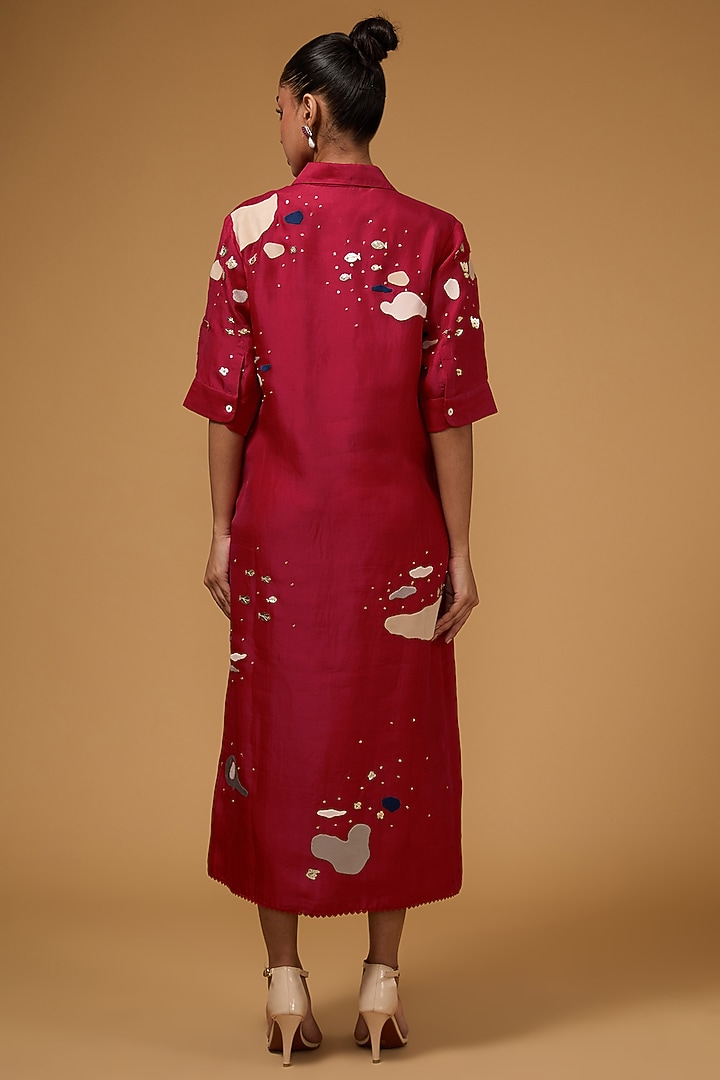 Red Organza Applique Hand Embroidered Tunic by Sahil Kochhar at Pernia's Pop Up Shop