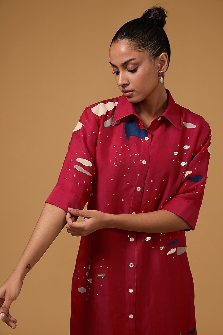 Red Organza Applique Hand Embroidered Tunic by Sahil Kochhar at Pernia's Pop Up Shop