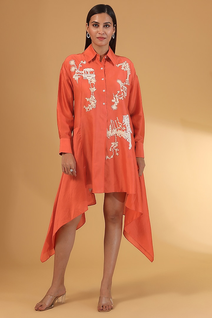 Burnt Orange Chanderi Motif Embroidered Mini Vacation Dress by Sahil Kochhar at Pernia's Pop Up Shop