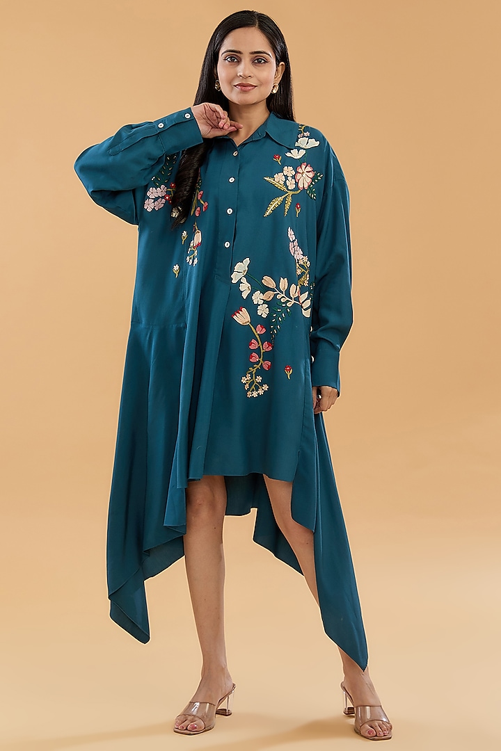 Teal Chanderi Handcrafted Motif Dress by Sahil Kochhar