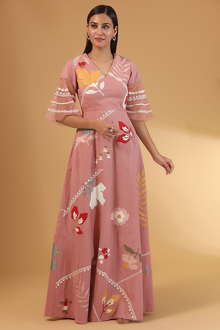 Pink Linen Applique Tiered Maxi Dress by Sahil Kochar at Pernia's Pop Up Shop