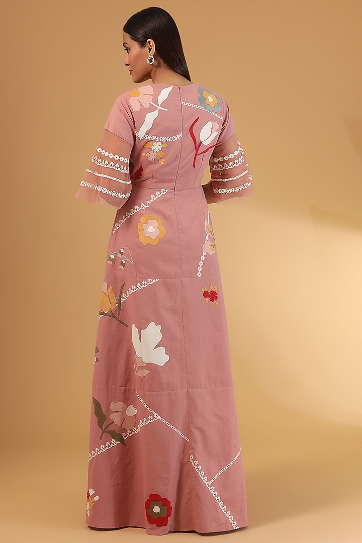 Pink Linen Applique Tiered Maxi Party Wear Dress by Sahil Kochhar at Pernia's Pop Up Shop