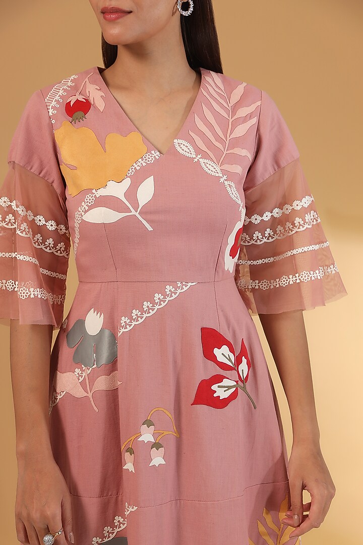 Pink Linen Applique Tiered Maxi Party Wear Dress by Sahil Kochhar at Pernia's Pop Up Shop