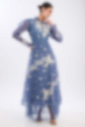 Blue Organza Embroidered Dress by Sahil Kochhar at Pernia's Pop Up Shop