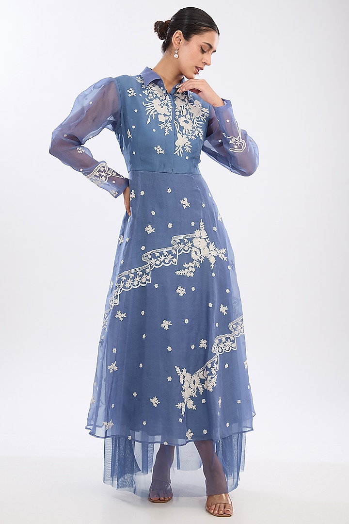 Blue Organza Embroidered Dress by Sahil Kochhar at Pernia's Pop Up Shop