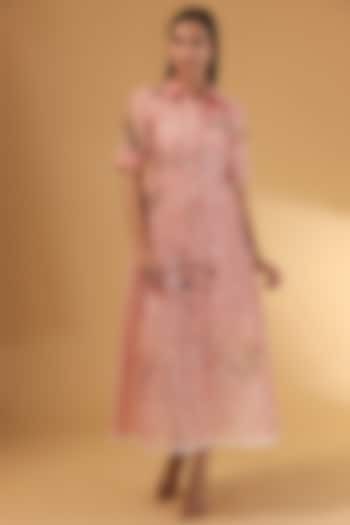 Pink Organza Applique Work Midi Dress by Sahil Kochar at Pernia's Pop Up Shop