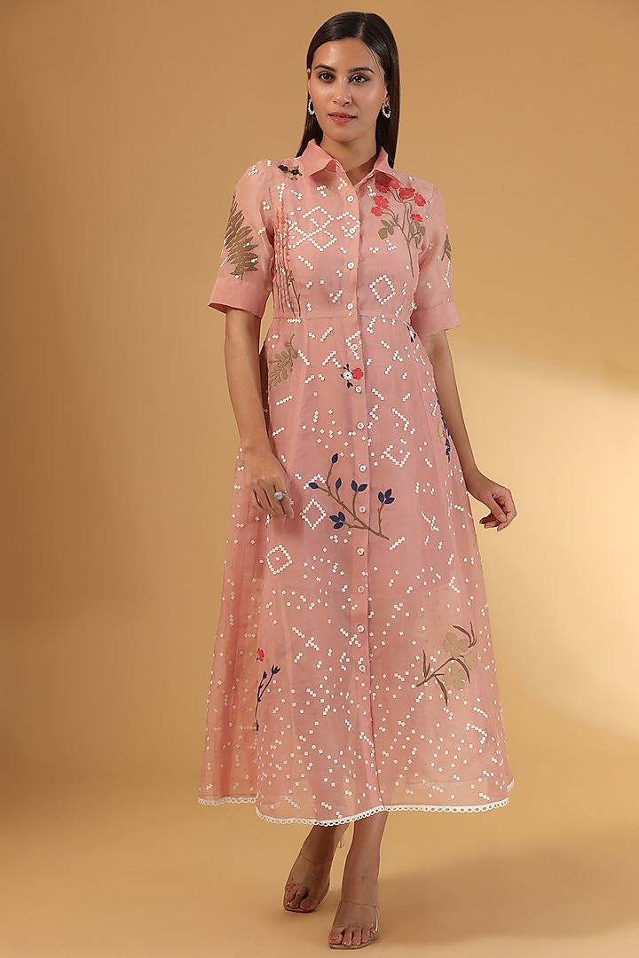 Pink Organza Applique Work Midi Dress by Sahil Kochar at Pernia's Pop Up Shop