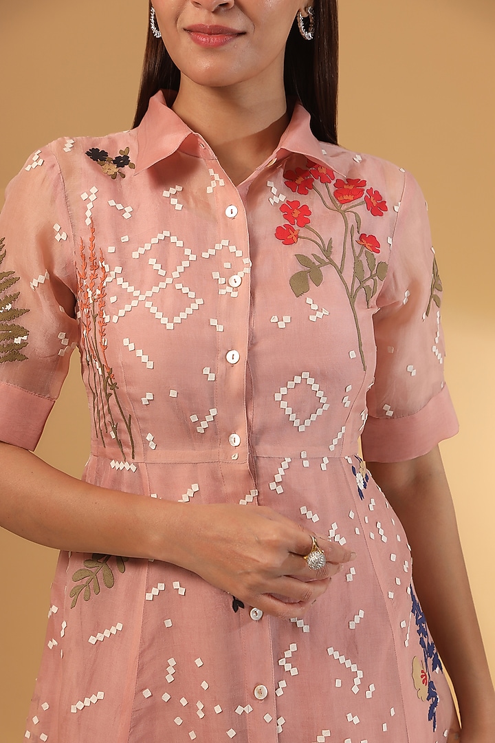 Pink Organza Applique Work Midi Party Wear Dress by Sahil Kochhar at Pernia's Pop Up Shop