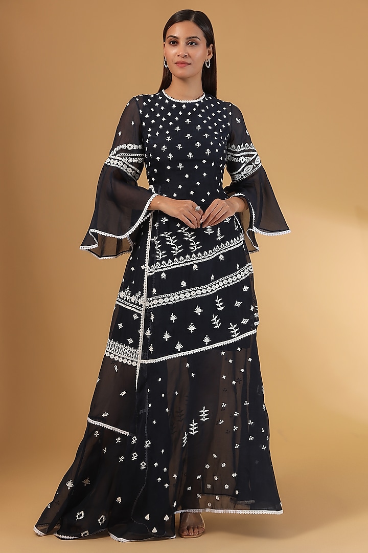 Black Organza Applique Maxi Dress by Sahil Kochar at Pernia's Pop Up Shop