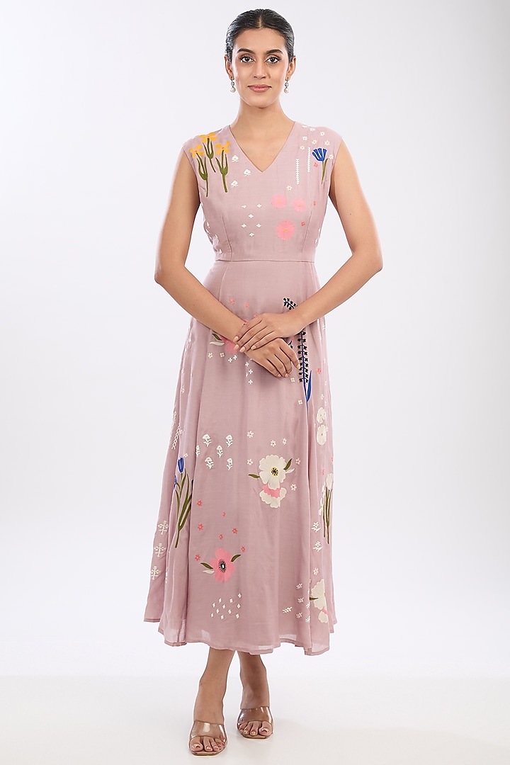 Pink Viscose Voile Thread Embroidered Dress by Sahil Kochhar at Pernia's Pop Up Shop