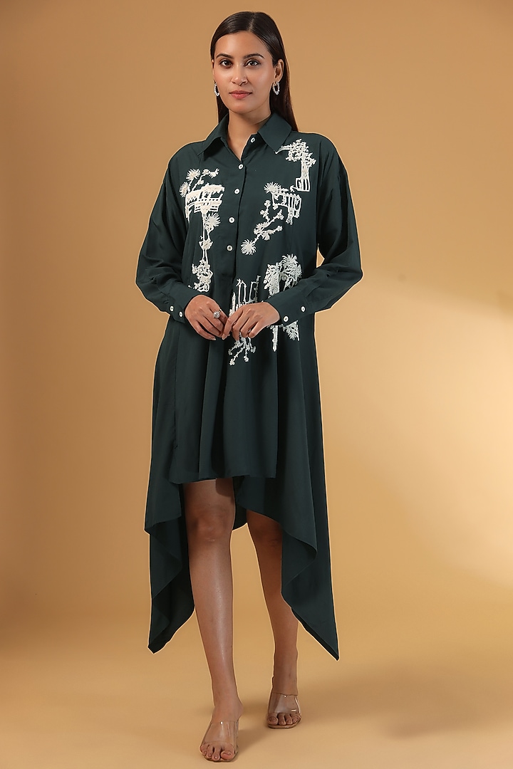 Navy Cotton Silk Embroidered Shirt Mini Vacation Dress by Sahil Kochhar at Pernia's Pop Up Shop