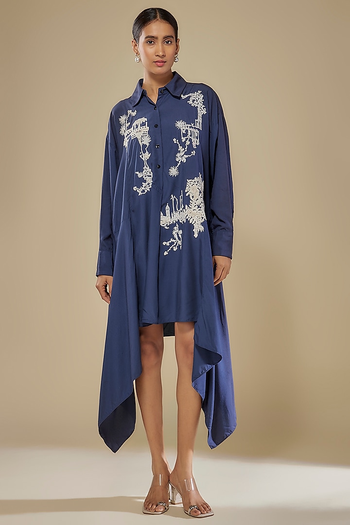 Blue Chanderi Applique Work Mini Vacation Dress by Sahil Kochhar at Pernia's Pop Up Shop