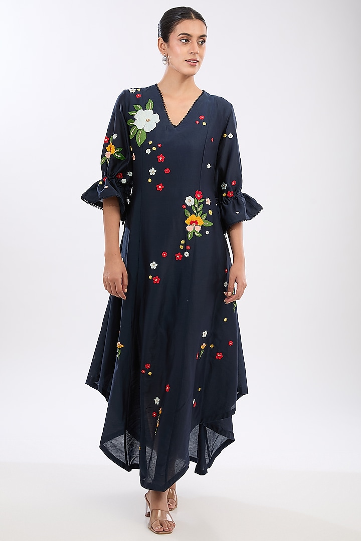 Blue Chanderi Applique Embroidered Dress by Sahil Kochhar at Pernia's Pop Up Shop