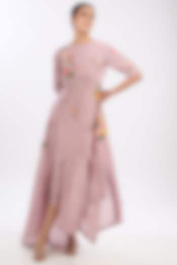 Pink Chanderi Floral Applique Embroidered Asymmetric Dress by Sahil Kochhar at Pernia's Pop Up Shop