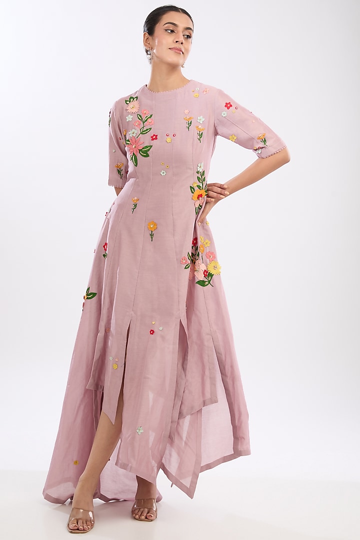 Pink Chanderi Floral Applique Embroidered Asymmetric Dress by Sahil Kochhar at Pernia's Pop Up Shop